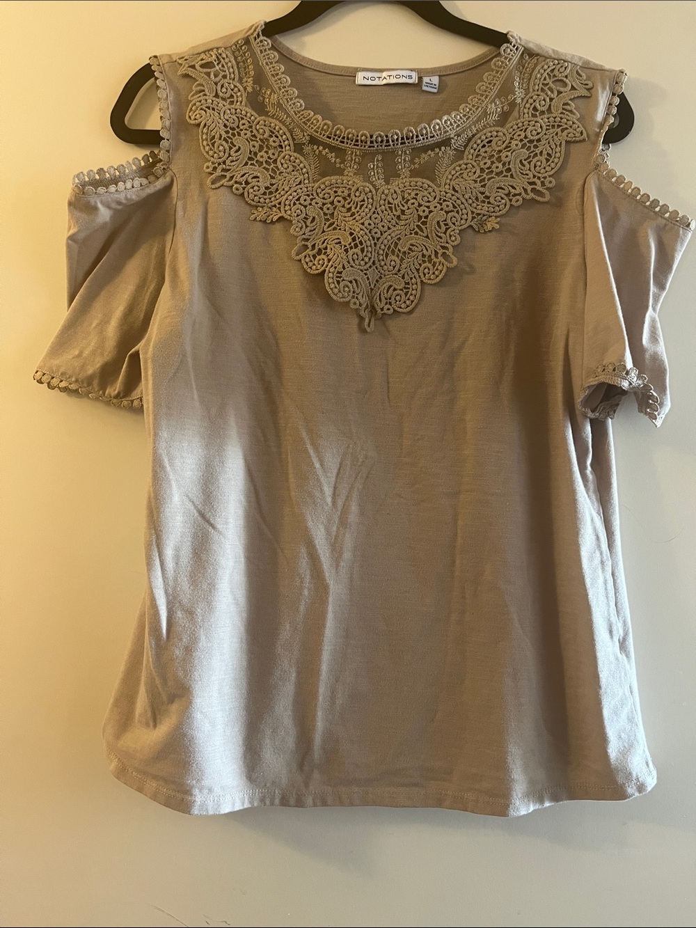 Notations Beige Cold-Shoulder Top with Lace Yoke